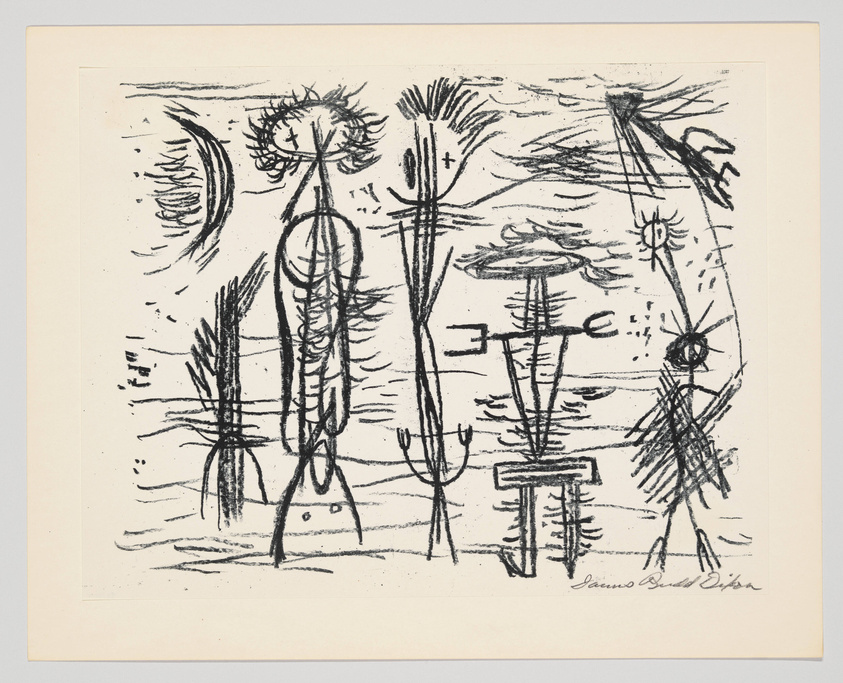 A black and white abstract drawing featuring a variety of sketchy, linear figures and shapes that resemble primitive or totemic forms. Some elements suggest plants or humanoid figures, with crosses and circular motifs interspersed throughout. The artwork is signed by the artist in the lower right corner.