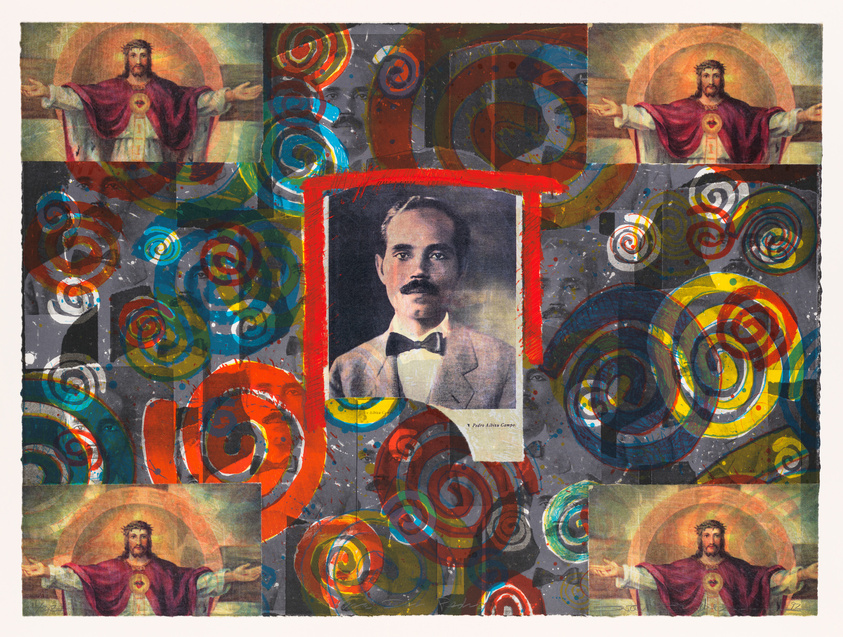 Collage of repeated Jesus imagery and a central vintage portrait of a man, surrounded by colorful abstract swirls.