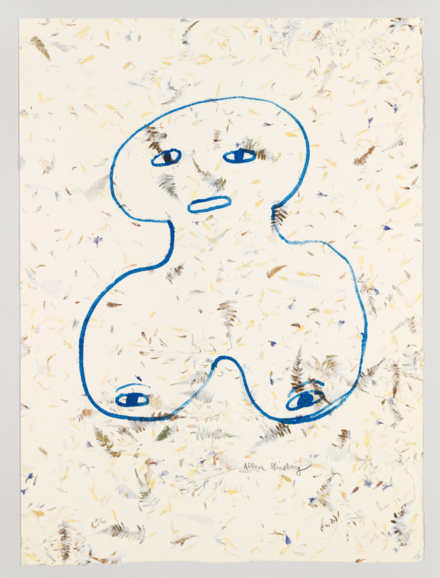 Abstract artwork featuring a simple, blue-outlined figure resembling a gingerbread man on a textured background with scattered feather-like motifs. The figure has a forlorn expression with two dots for eyes and a curved line for a mouth. The artist's signature is visible at the bottom.