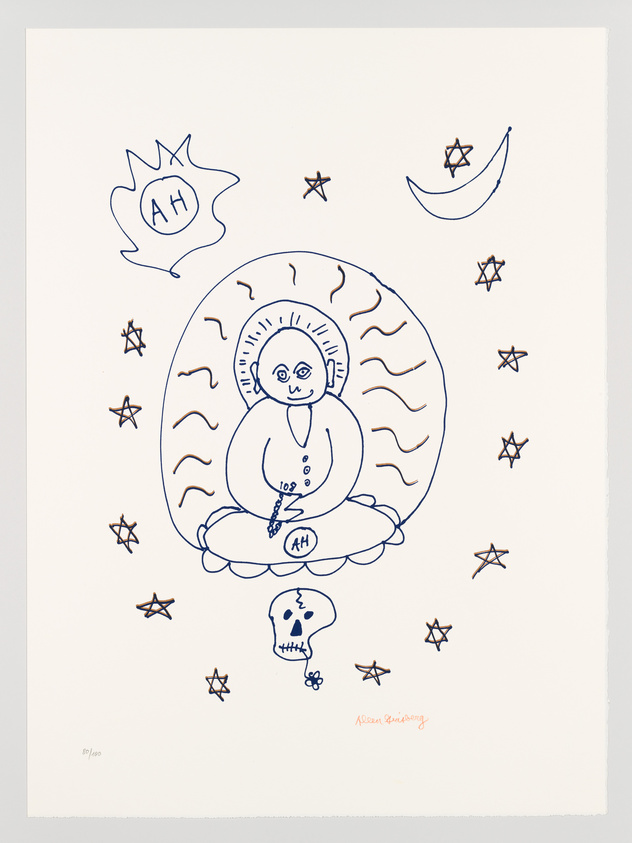 Illustration of a stylized figure seated in a meditative pose with a halo, surrounded by stars, a crescent moon, and a speech bubble with "AH". Below the figure is a skull, and the image includes a signature at the bottom right corner.