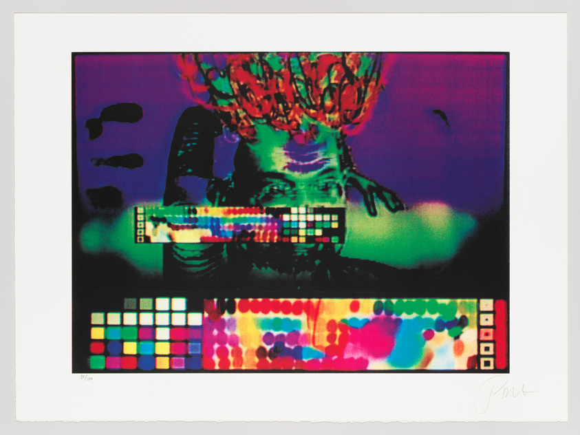 A colorful, abstract artwork featuring a distorted image of a person's face with a glitch-like effect obscuring the eyes and mouth. Above the head is a crown-like explosion of red shapes, and below is a panel of various colorful patterns and swatches. The piece is numbered and signed at the bottom.