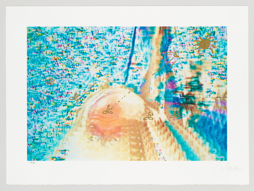 A colorful abstract artwork with pixelated and glitchy visual effects, featuring a blend of bright blues, yellows, and other colors. The image includes what appears to be a distorted facial feature on the left side and various overlaid symbols, possibly signatures or marks, throughout. The artwork is on a white background with a torn lower edge, suggesting it may be a print or a photograph.