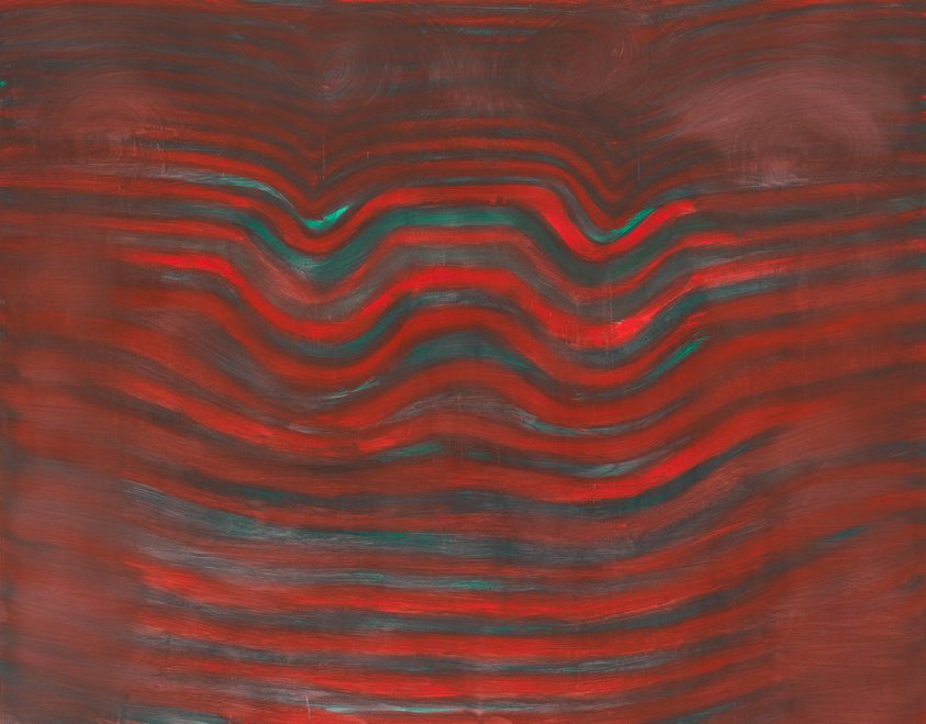 Abstract painting with wavy red and green lines on a dark background, creating a sense of movement and depth.