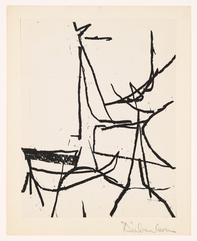 Black abstract lines intersect and overlap on a white background, with a signature in the bottom right corner.