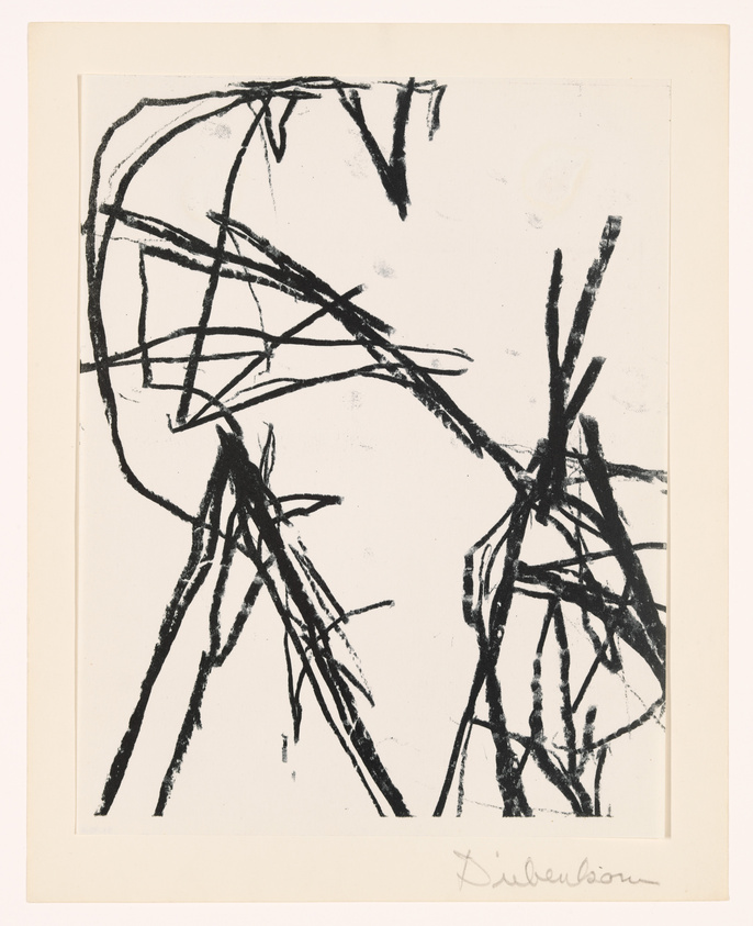 Abstract black brush strokes on a beige paper background, suggesting a loose, expressive drawing, with a signature at the bottom right corner.