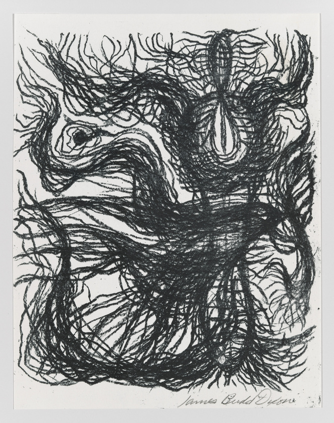 A black and white abstract drawing featuring chaotic, swirling lines that create a sense of movement and intensity. The central figure appears to be a stylized, humanoid form with outstretched arms amidst the tumultuous background. The artist's signature is visible at the bottom.
