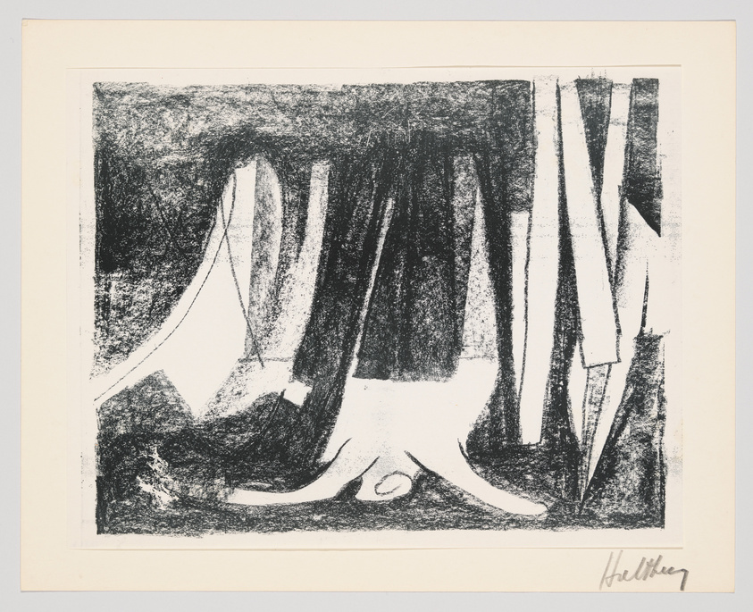 A black and white abstract print featuring bold, dark brushstrokes that create a sense of vertical movement, with lighter areas that suggest a figure or forms emerging from the darkness. The artist's signature is visible in the lower right corner. The print is mounted on a cream-colored mat.