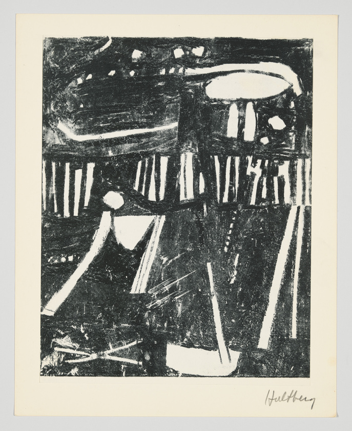 A black and white abstract print with bold, dark brushstrokes and contrasting light areas, creating a dynamic and somewhat industrial composition. The artist's signature is visible in the lower right corner.