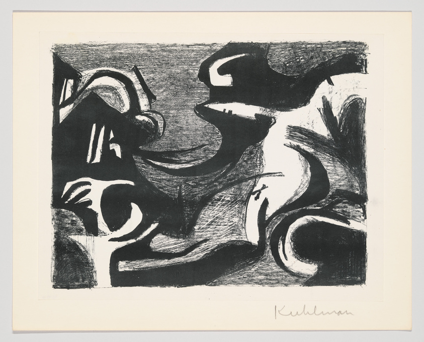 Black and white abstract print with bold, dynamic shapes and lines, signed by the artist in the lower right corner. The composition is dominated by contrasting dark and light areas, creating a sense of movement and depth.