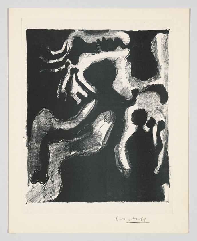 A black and white abstract print featuring bold, organic shapes and brushstrokes with a contrasting dark background and lighter foreground elements. The artwork is signed in the lower right corner. It is mounted on a white mat board.