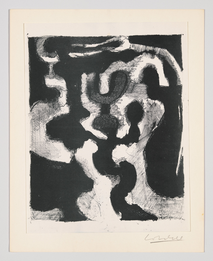 A black and white abstract print with dynamic brushstrokes and contrasting shapes. The artwork is signed in the lower right corner. It is mounted on a white background that frames the piece.
