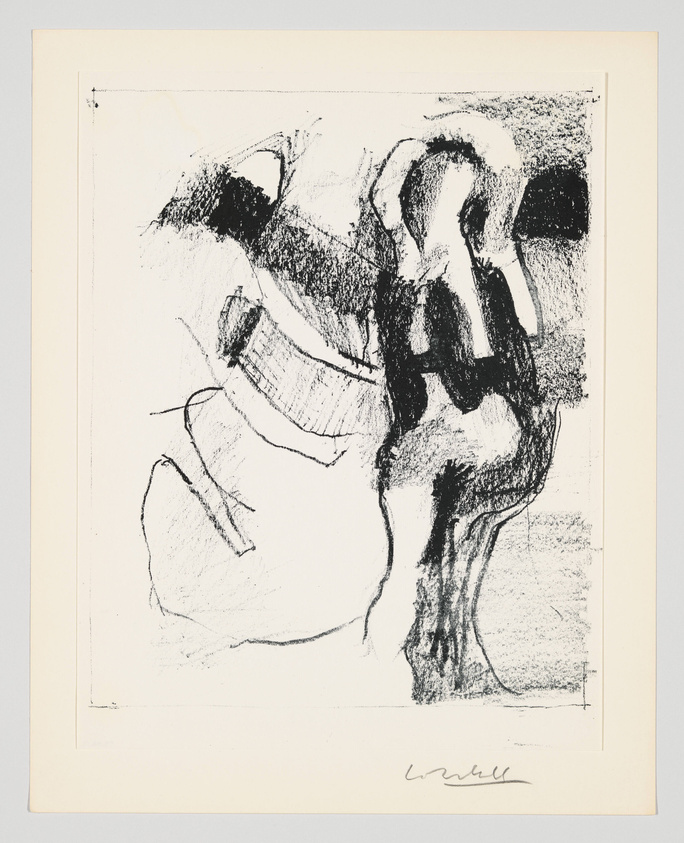 An abstract black and white lithograph featuring expressive lines and shaded areas that create a dynamic and somewhat ambiguous form, with the artist's signature at the bottom right.