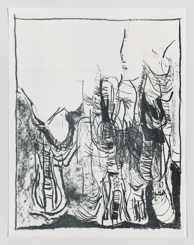 Abstract black and white etching with expressive lines and shapes on paper.