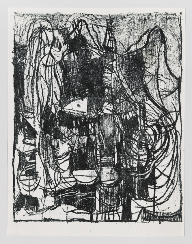 Abstract black and white etching with chaotic lines and circular patterns suggesting a frenetic, industrial scene.