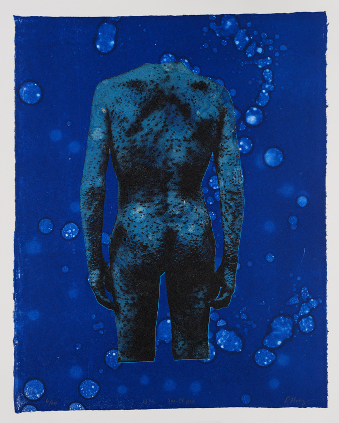 A print featuring the silhouette of a person's back and legs against a deep blue background with various sizes of lighter blue bubbles scattered throughout. The figure is textured and appears to merge with the background, creating an underwater-like effect. The bottom of the image includes handwritten text and signatures.