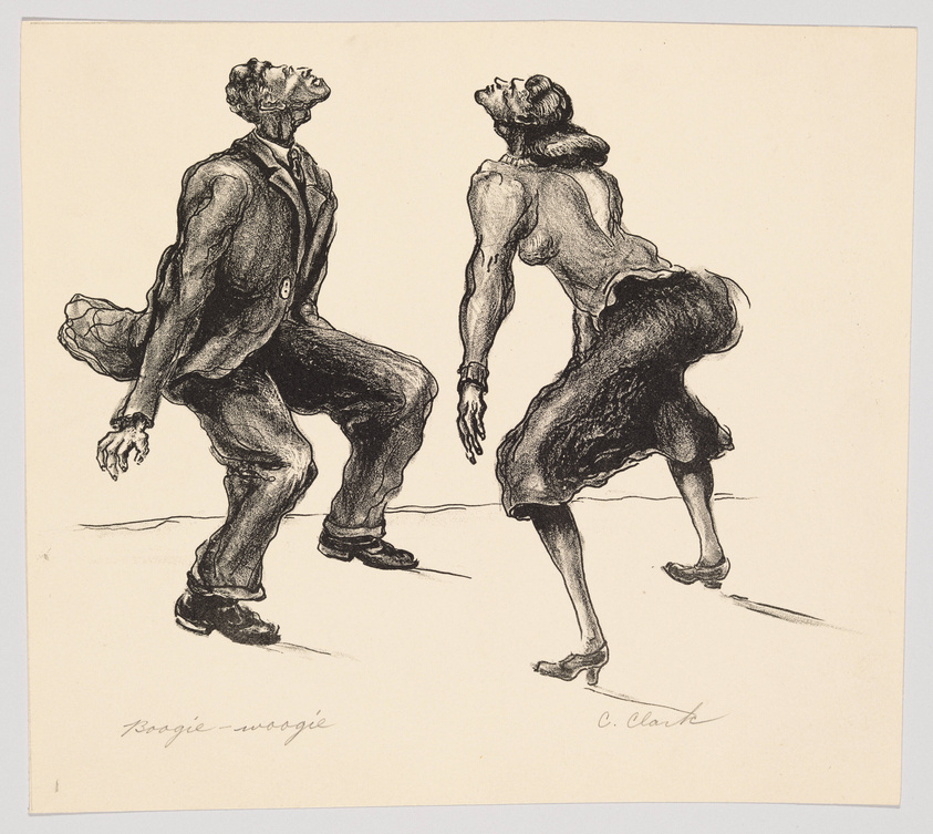 A sketch of two figures dancing, with the man on the left wearing a suit and the woman on the right in a dress, both in dynamic, leaning poses with their heads tilted back and limbs extended, suggesting movement. The image is signed "Boogie-woogie" on the left and "C. Clark" on the right.