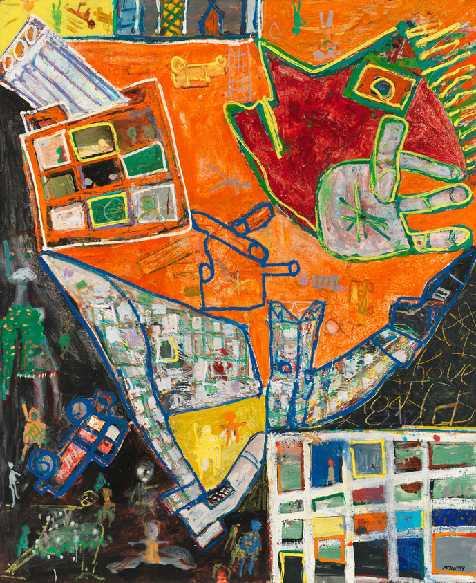 Vibrant abstract painting featuring a chaotic composition of various shapes, colors, and forms that resemble elements of urban life, such as buildings, vehicles, and figures, all set against a predominantly orange background. The artwork is rich in texture and has scribbled text and symbols throughout, suggesting a narrative or message interwoven with the visual elements.