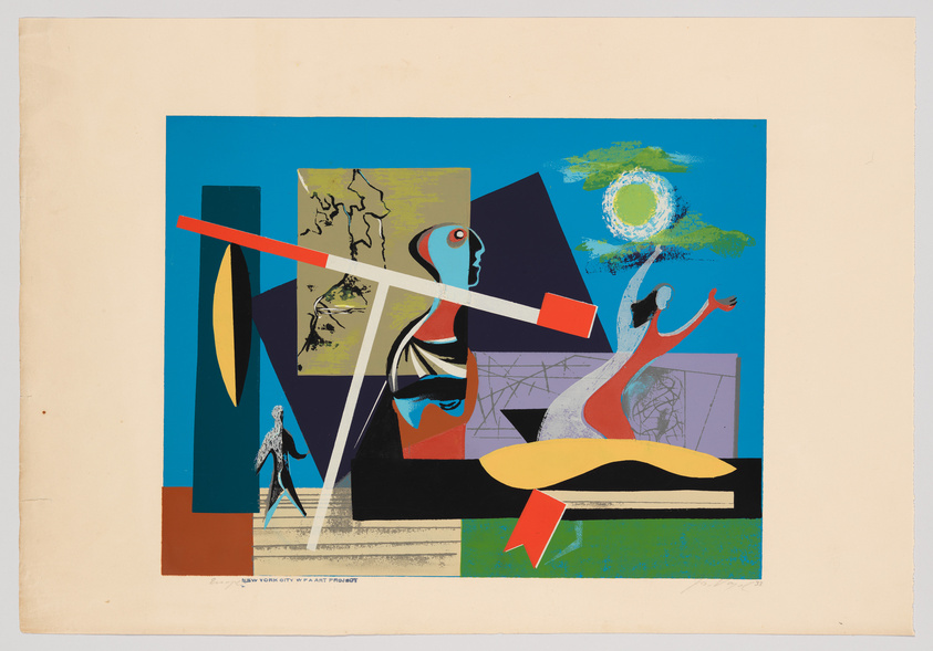 Colorful abstract artwork with geometric shapes, a human figure, and a tree under a bright circle.