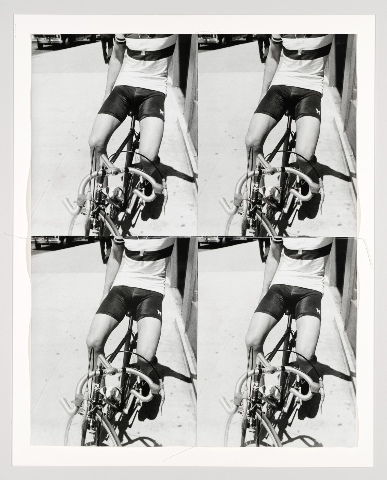 Black and white photo of a person on a bicycle, cropped to show only torso and legs, duplicated side by side.