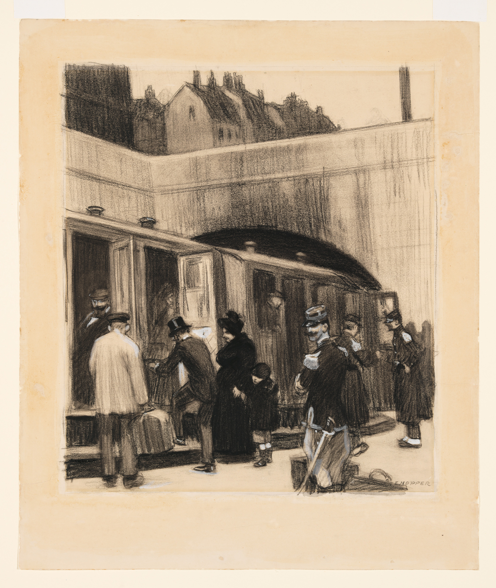 A vintage drawing depicting a bustling train station scene with passengers boarding a train. People are dressed in early 20th-century attire, with men wearing hats and women in long dresses. A conductor is visible in the foreground, and the background features the silhouette of buildings against the sky. The artwork has a sepia tone, adding to its historical feel.
