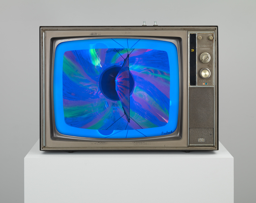 A vintage television set with a vibrant abstract art piece displayed on the screen, featuring swirling patterns in blue, green, and purple hues. The TV is a classic model with dials and buttons on the right side, and it's placed on a white pedestal against a neutral background. The brand RCA Victor is visible on the control panel, and the artwork is signed 'Roland' on the lower left corner of the screen.
