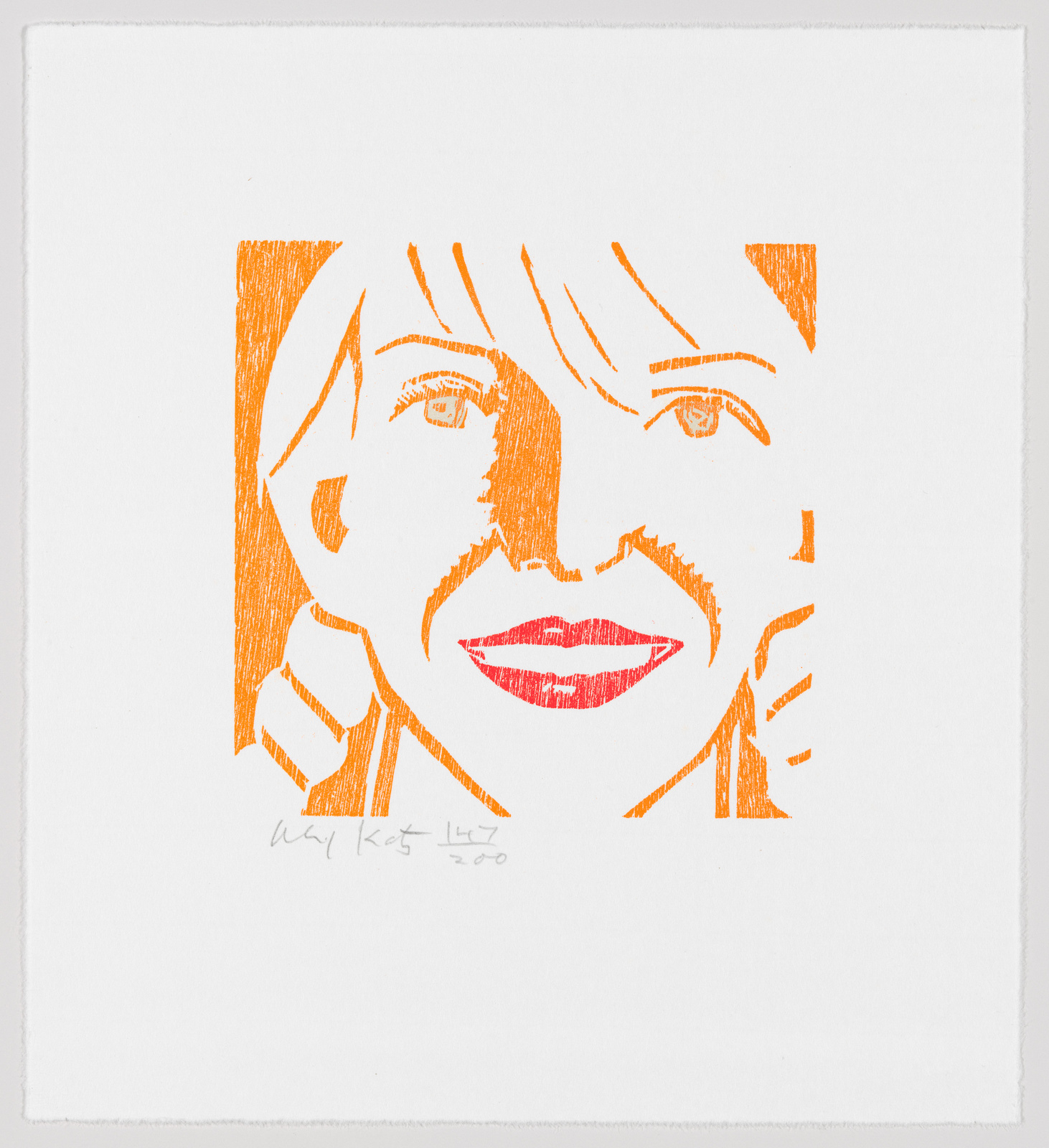 A stylized orange and red print of a woman's face with prominent lips and expressive eyes on a white background, signed and dated by the artist in the lower left corner.