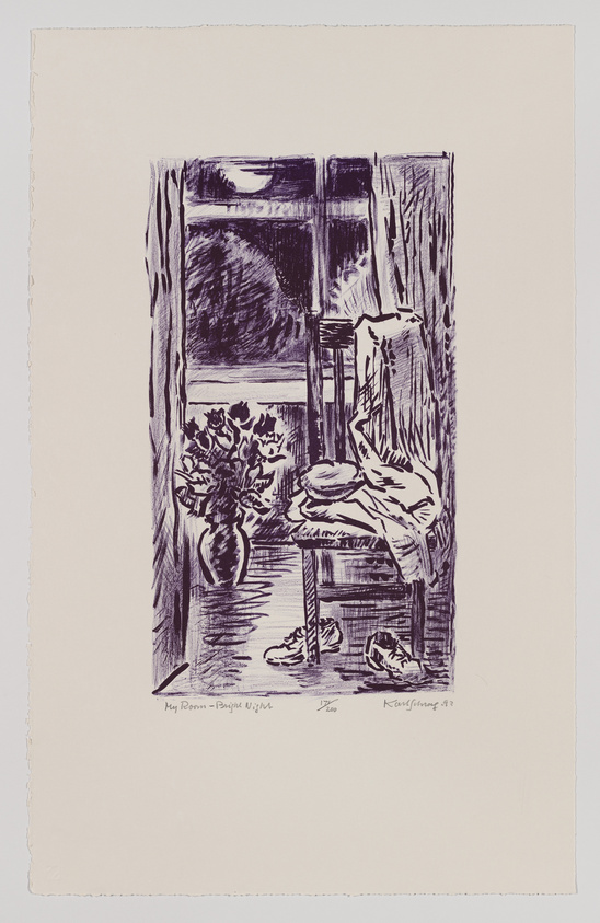 A sketch of a cozy room at night with a window showing the dark outside. A vase with flowers sits on a shelf, and a pair of shoes are placed on the floor. There's a chair with a draped cloth and a lamp casting light on a wall. The artwork is titled "My Room – Pastel Night" and includes the artist's signature and edition number at the bottom.
