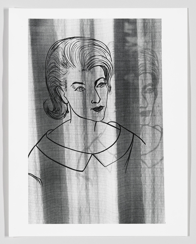 A black and white illustration of a woman's portrait with stylized hair and features, displayed against a vertically striped background that creates a shadowy reflection to her right. The artwork is framed and appears to be hung on a wall.