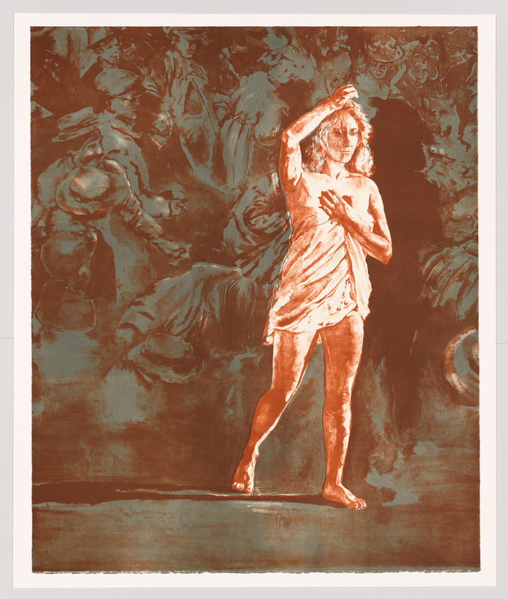 A monochromatic artwork depicting a figure in classical attire, possibly representing a scene from mythology or history, with a dramatic pose and a crowd of onlookers in the background, all rendered in a reddish-brown tone.