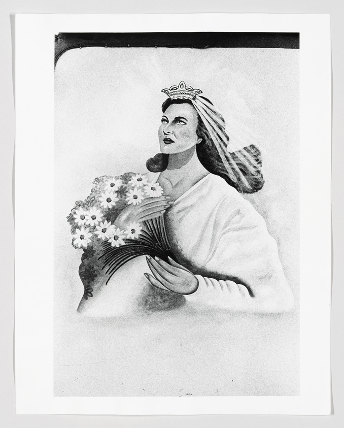 A black and white illustration of a woman with a regal appearance, wearing a crown and gazing upwards. She holds a large bouquet of daisies and her hair flows behind her, suggesting movement or wind. The image has a vintage feel and is bordered by a white frame with a black edge at the top.
