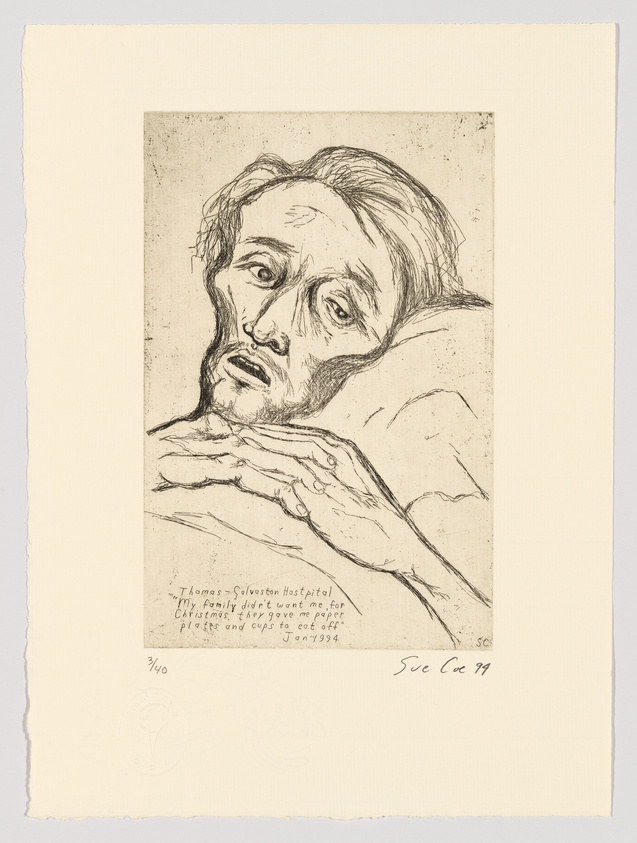 A detailed etching of a person resting their head on their hands, with a weary or distressed expression. The artwork includes text at the bottom that appears to be a personal note, and is signed and dated by the artist. The paper has rough edges, suggesting it may be a print or a limited edition piece.