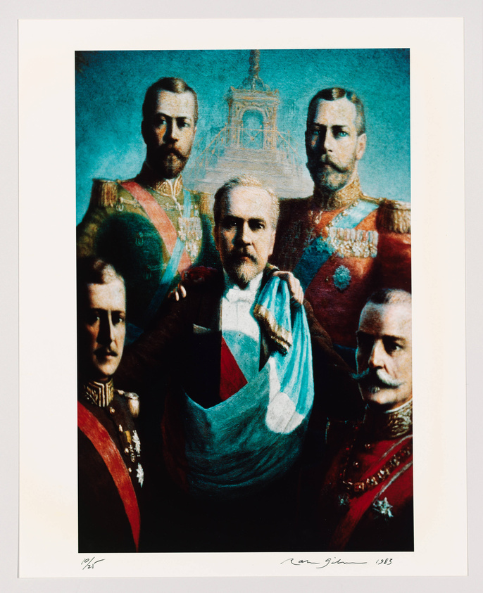 A colorful artwork depicting five figures in military and formal attire, with a prominent figure in the center holding a flag draped over his shoulder. The background features a blurred image of a structure resembling a crown. The piece is signed and dated at the bottom right.