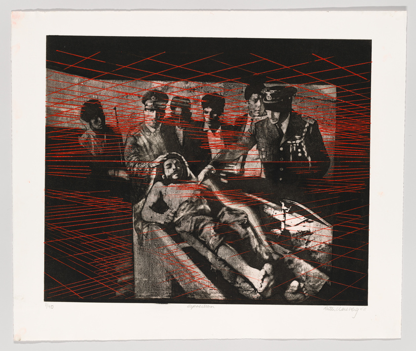 Art print depicting a group of people in vintage attire with a reclining figure, overlaid by a red grid pattern.