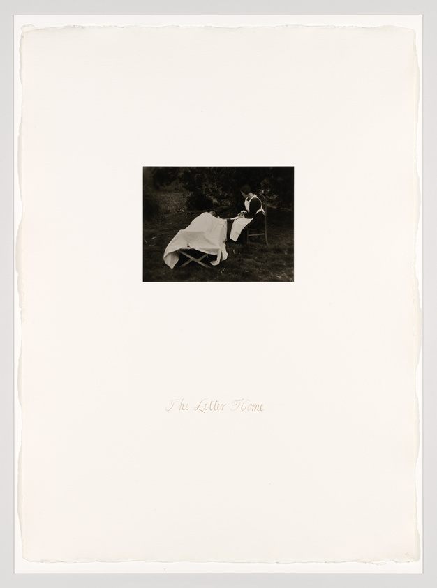 A vintage black and white photograph centered on a textured paper background with rough edges. The photo depicts a nurse in a white uniform sitting beside a makeshift outdoor bed, where a patient lies covered with a blanket. Below the image, the text "The Letter Home" is elegantly inscribed.