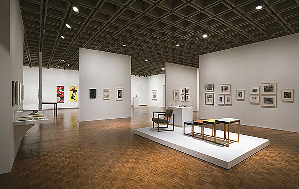 Installation of furniture and art at a Bauhaus exhibit in the Whitney.