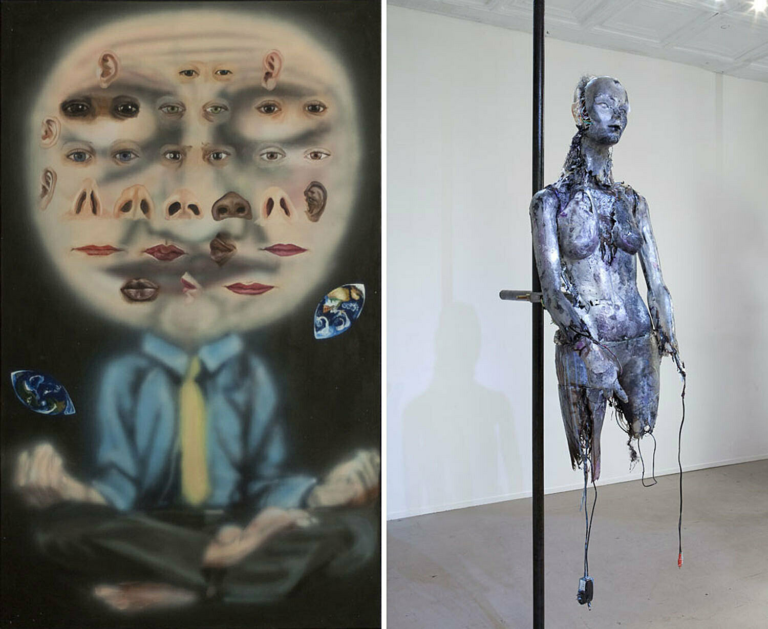 A painting by Jana Euler and a sculpture by Stewart Uoo. Both depict figures.