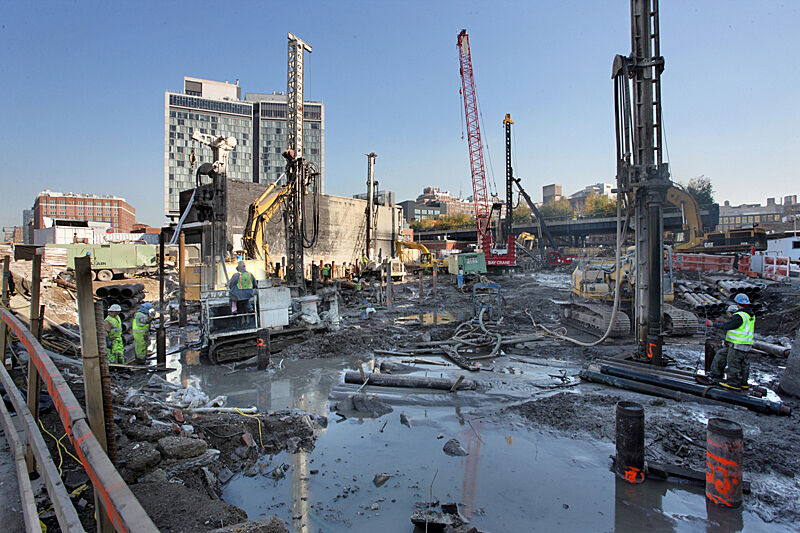 Large machines and works at the site.