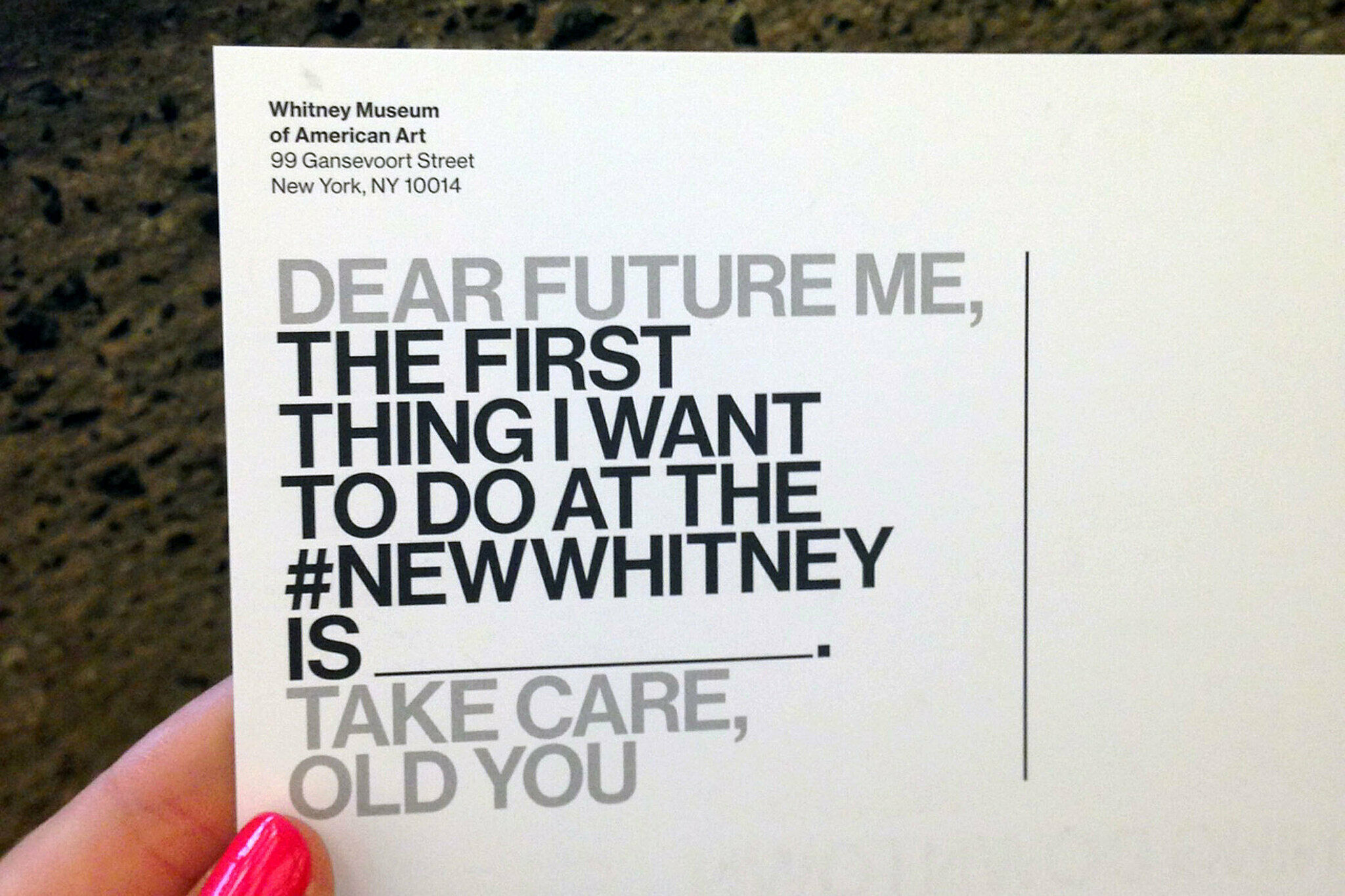 Postcard back from the New Museum.