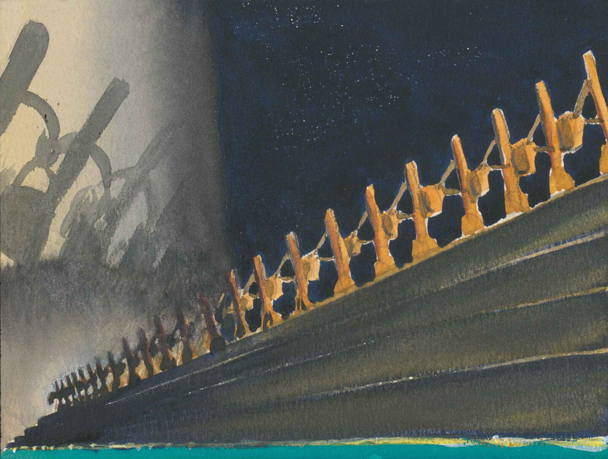 A watercolor sketch from the film Fantasia. Brooms carry buckets of water across the frame