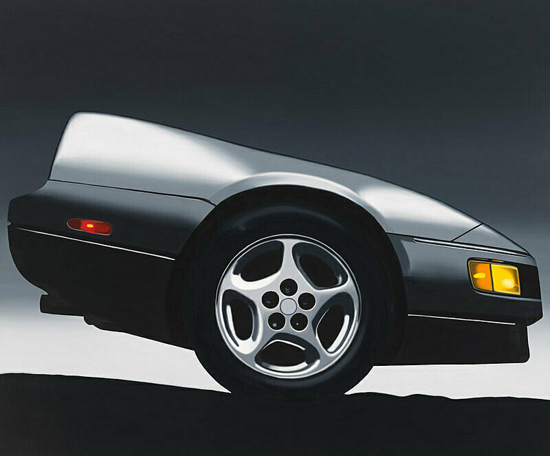 An artwork by Peter Cain. The front end of a silver car