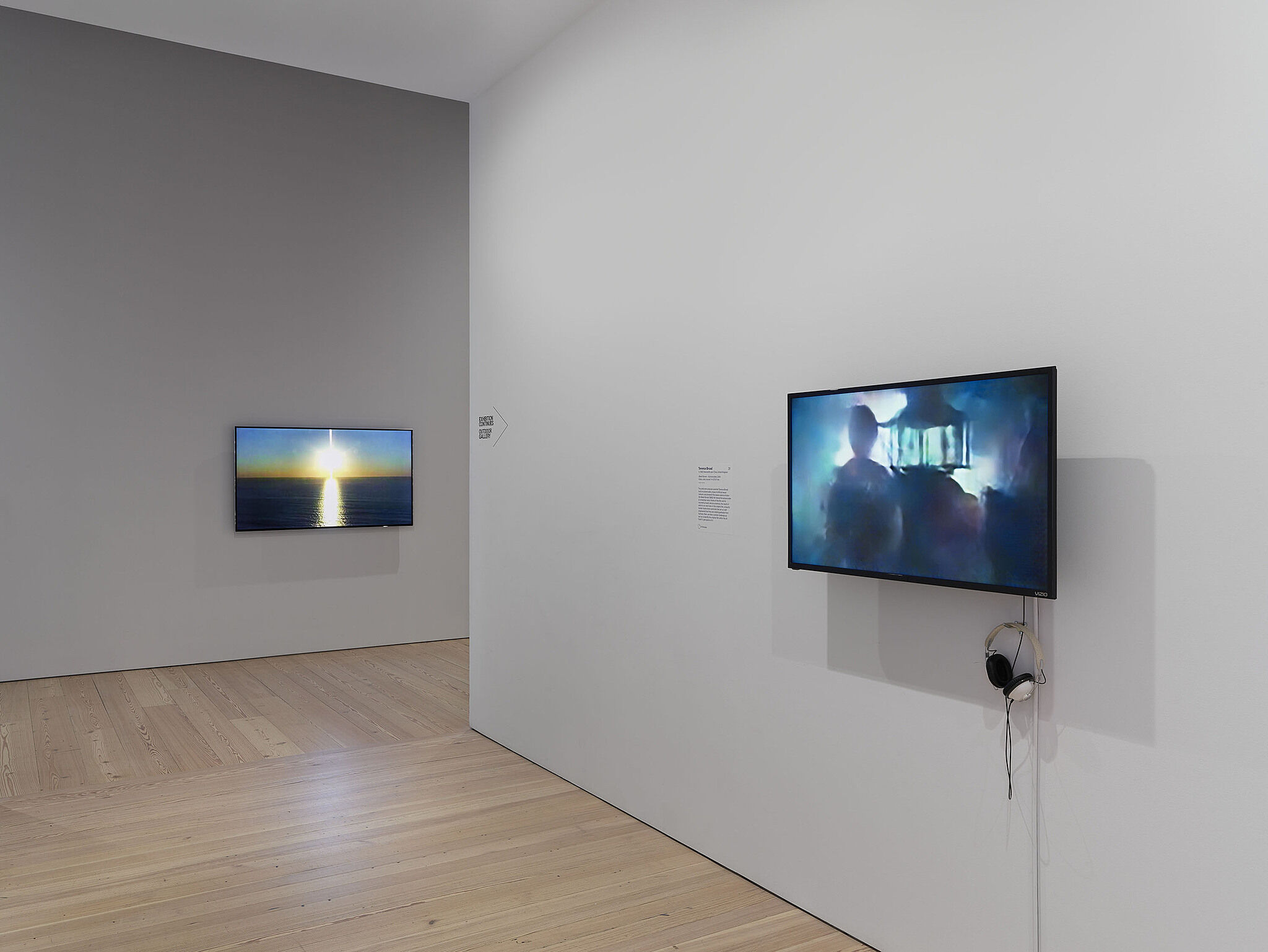 Two flat-screen televisions show video art in a gallery with white walls.
