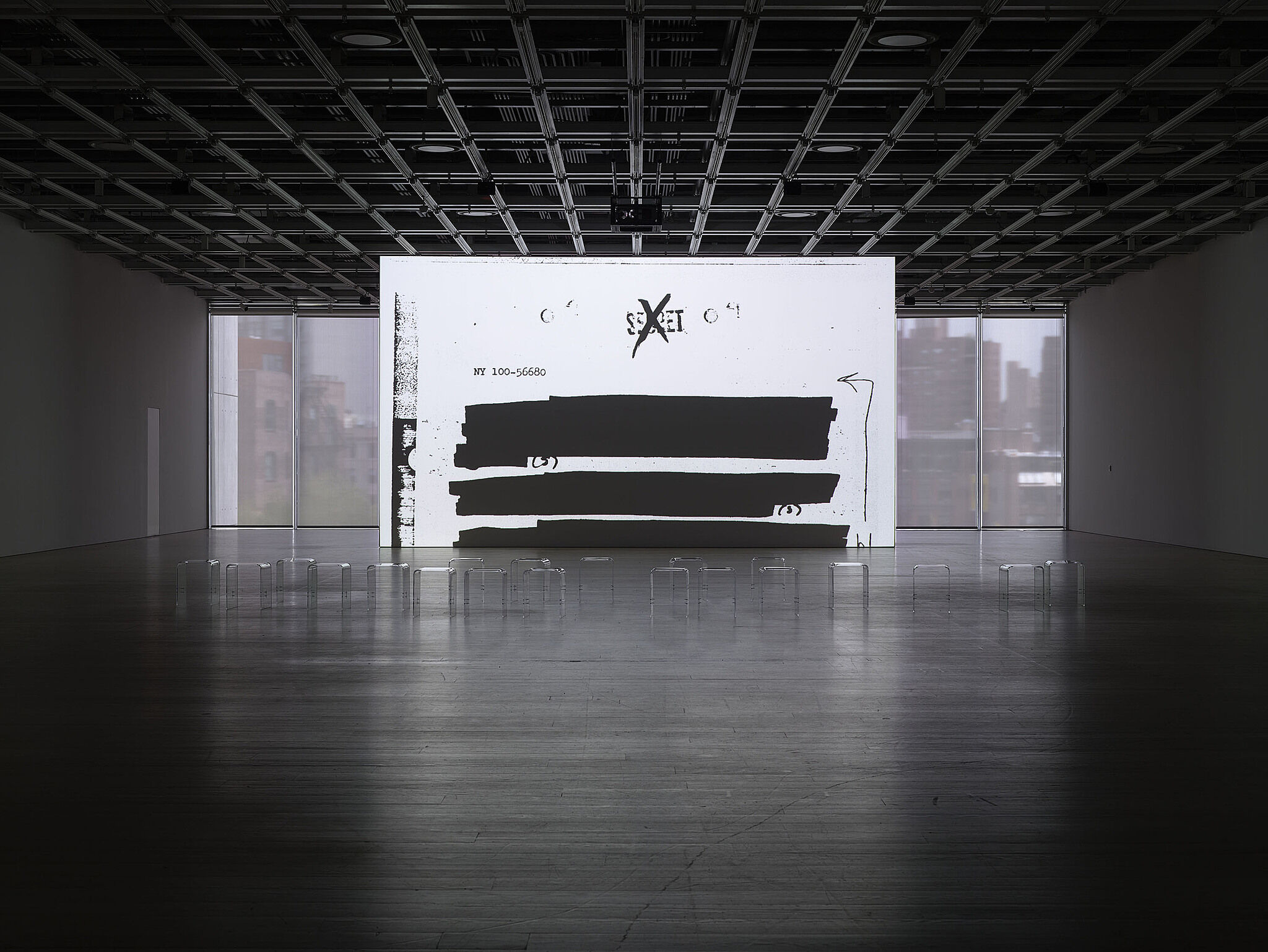 Bright display with blacked out lines through it.