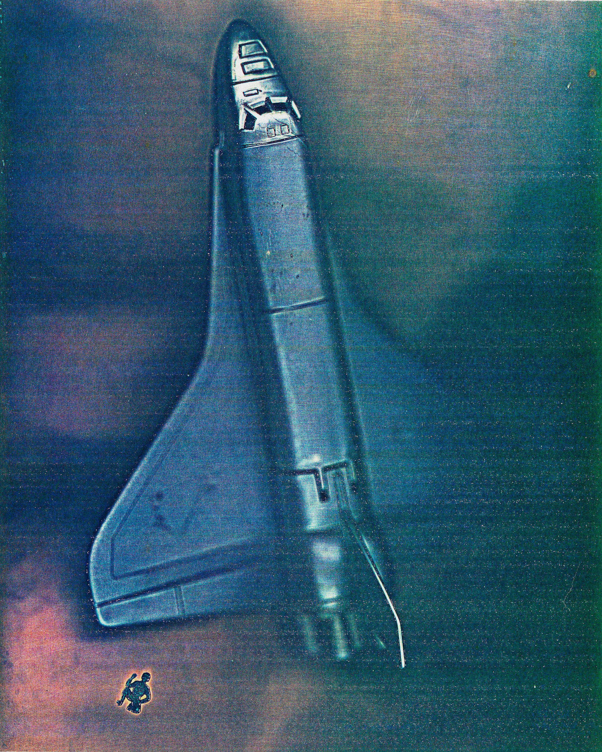 Artwork depicting a rocket ship.