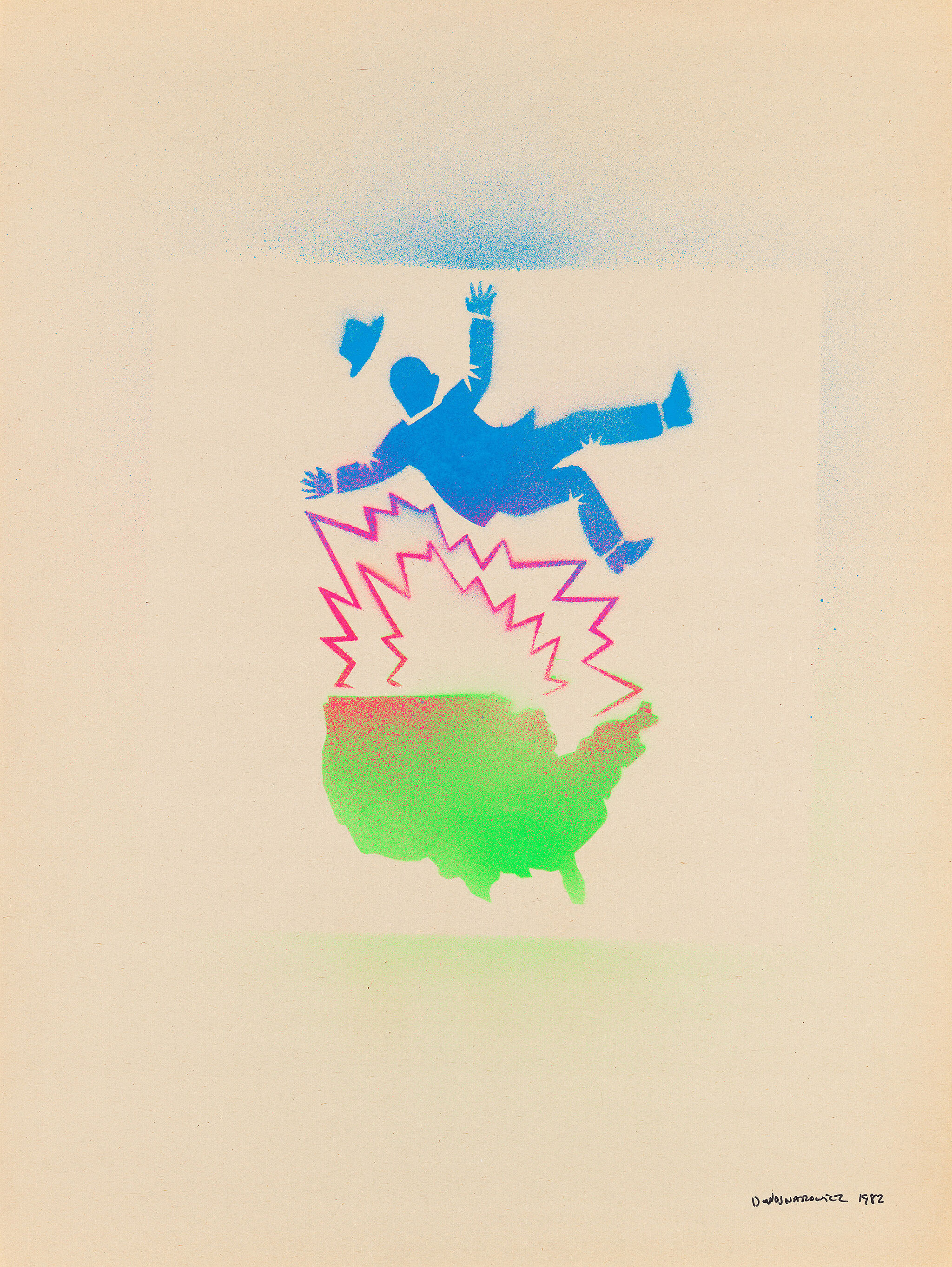 Colorful graphic artwork of a man falling.