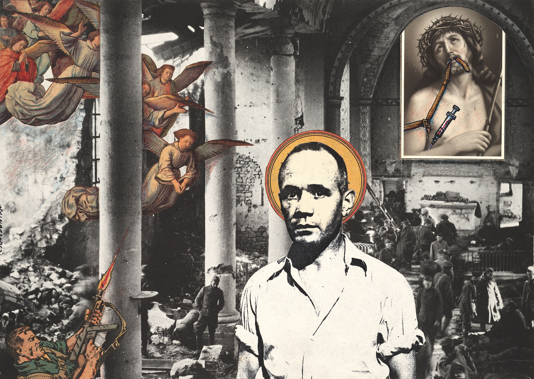 A man with a halo standing in front of a dystopian religious backdrop. 