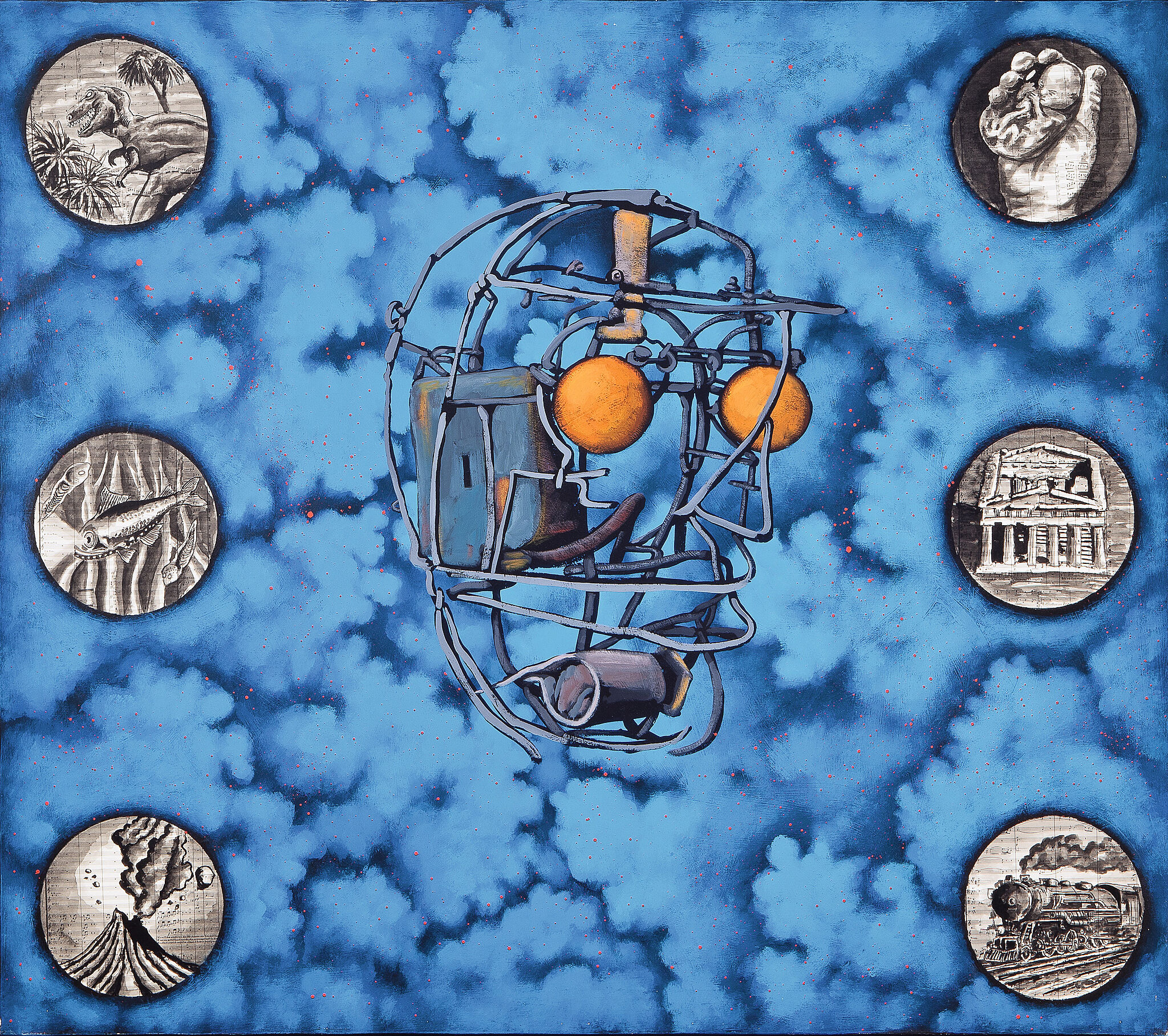 Painting of a face made out of wire floating in the clouds. 