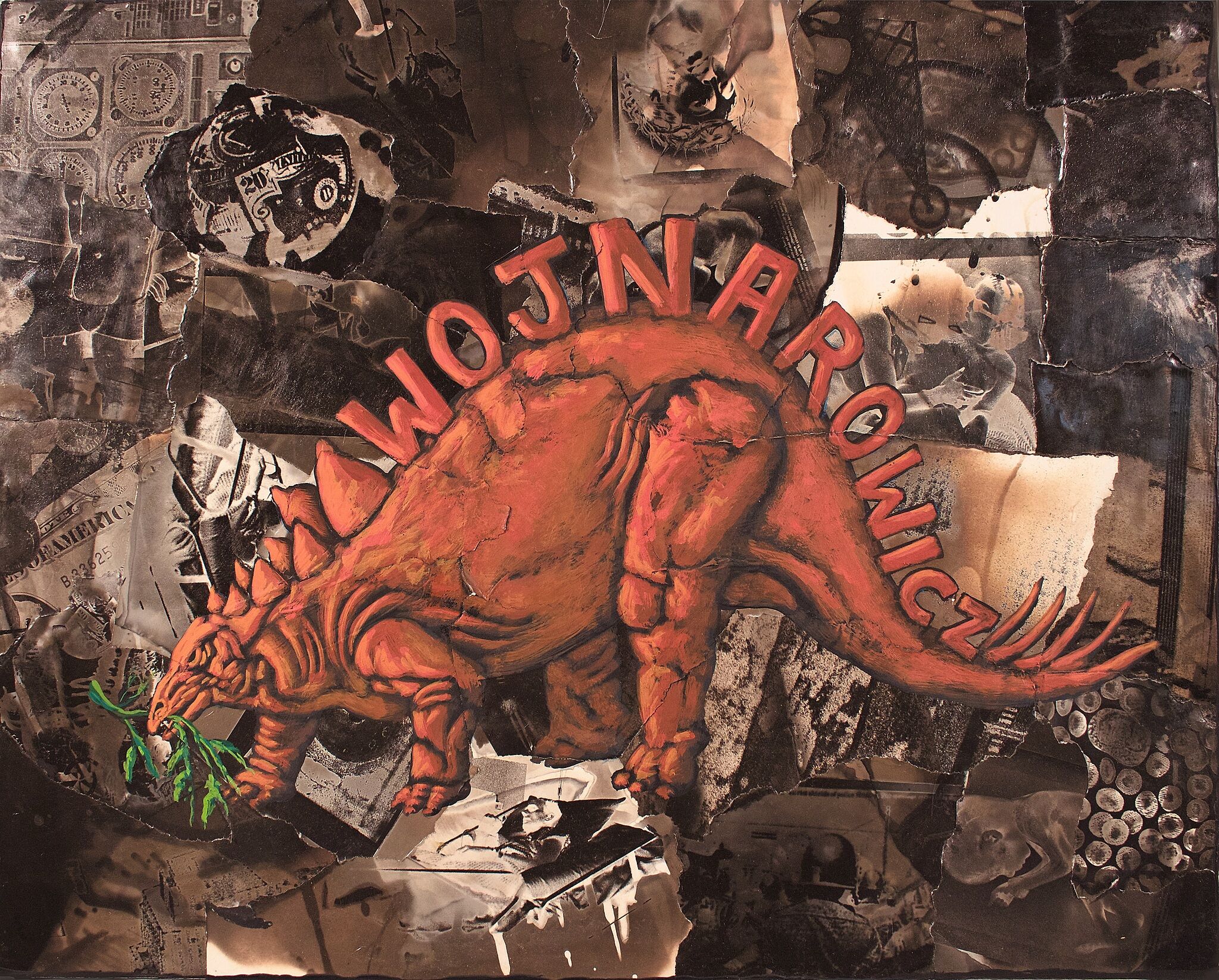 A painting of a red dinosaur over a collage of black and white images. 