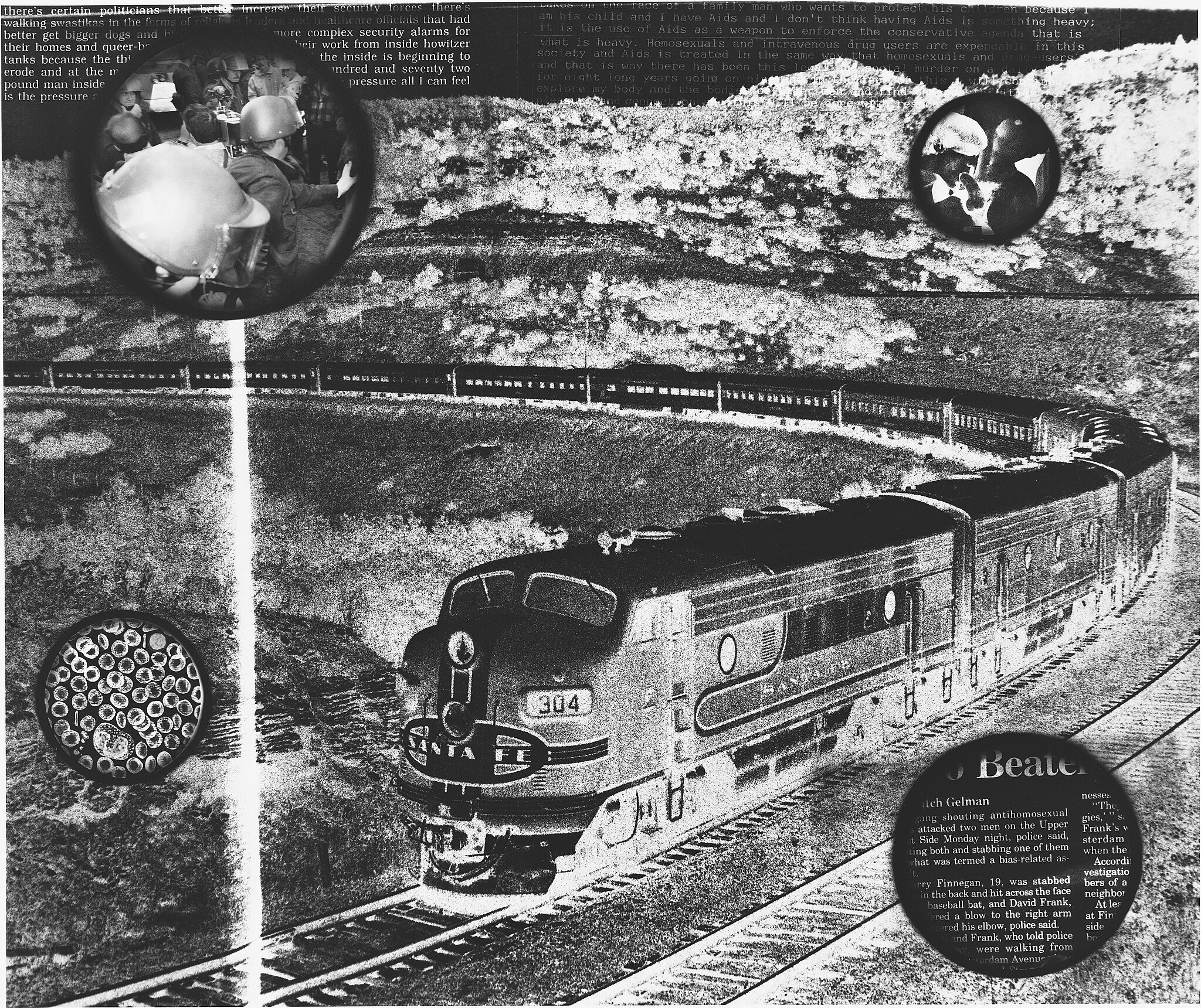 Train with scenes in circles in corners.