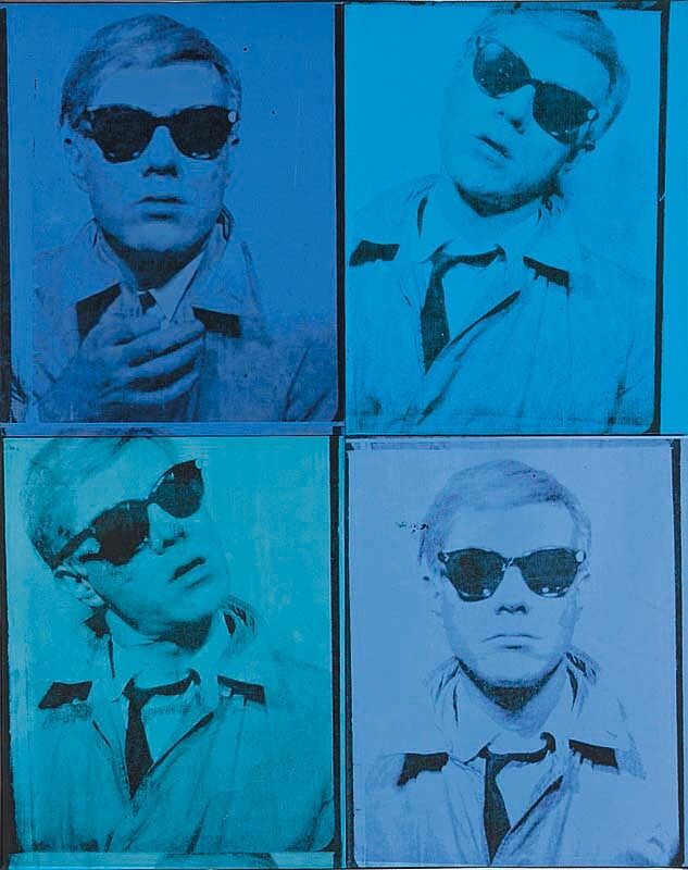 A block of four, blue tinted self portraits, by Andy Warhol