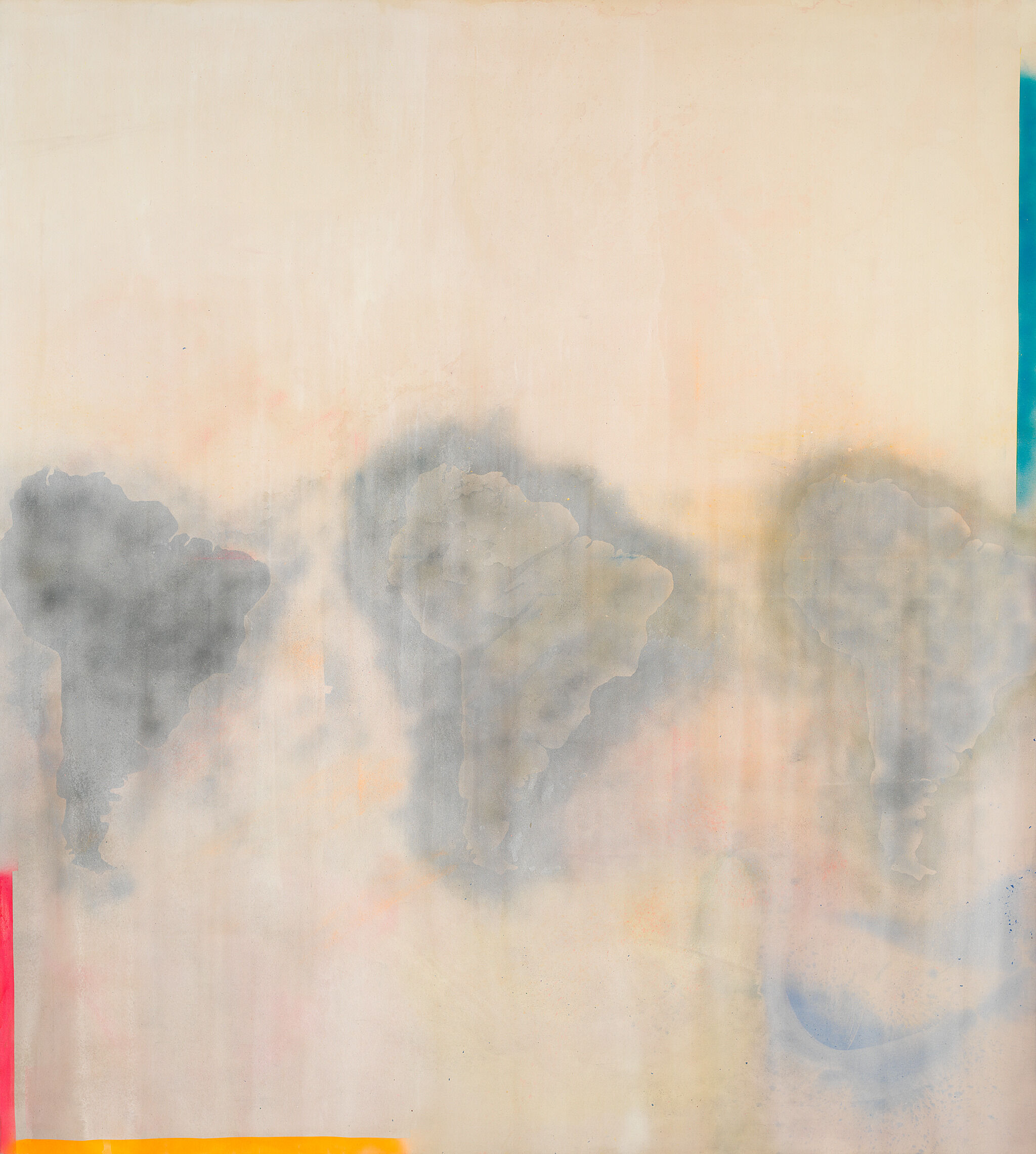 A painting that depictes the shape of South America three times, under diluted color washes